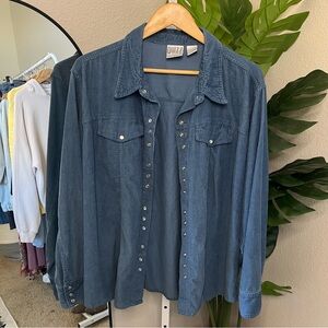 💙 Blue Oversized Corduroy Snap Button Shirt Jacket Sz 22 (XXL)| Vintage Inspired